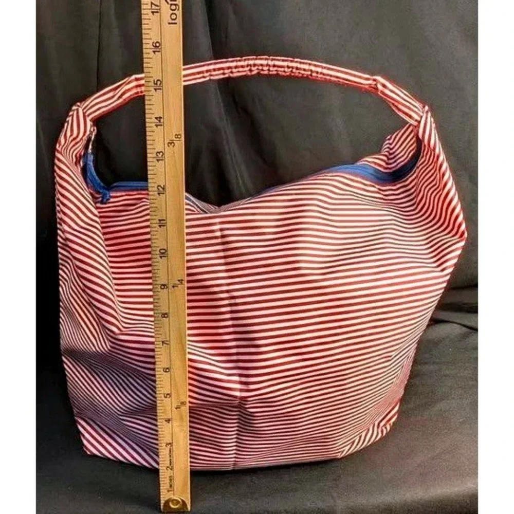 NWOT~Lancome Nautical Red/White Striped Hobo Tote Bag~Summer Beach ~ Zip Closure